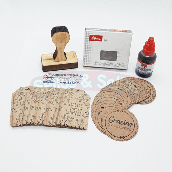 Combo sellos de madera 6x3 cm. Incluye almohadilla y 50 etiquetas gratis - Sellos y Sellos 
